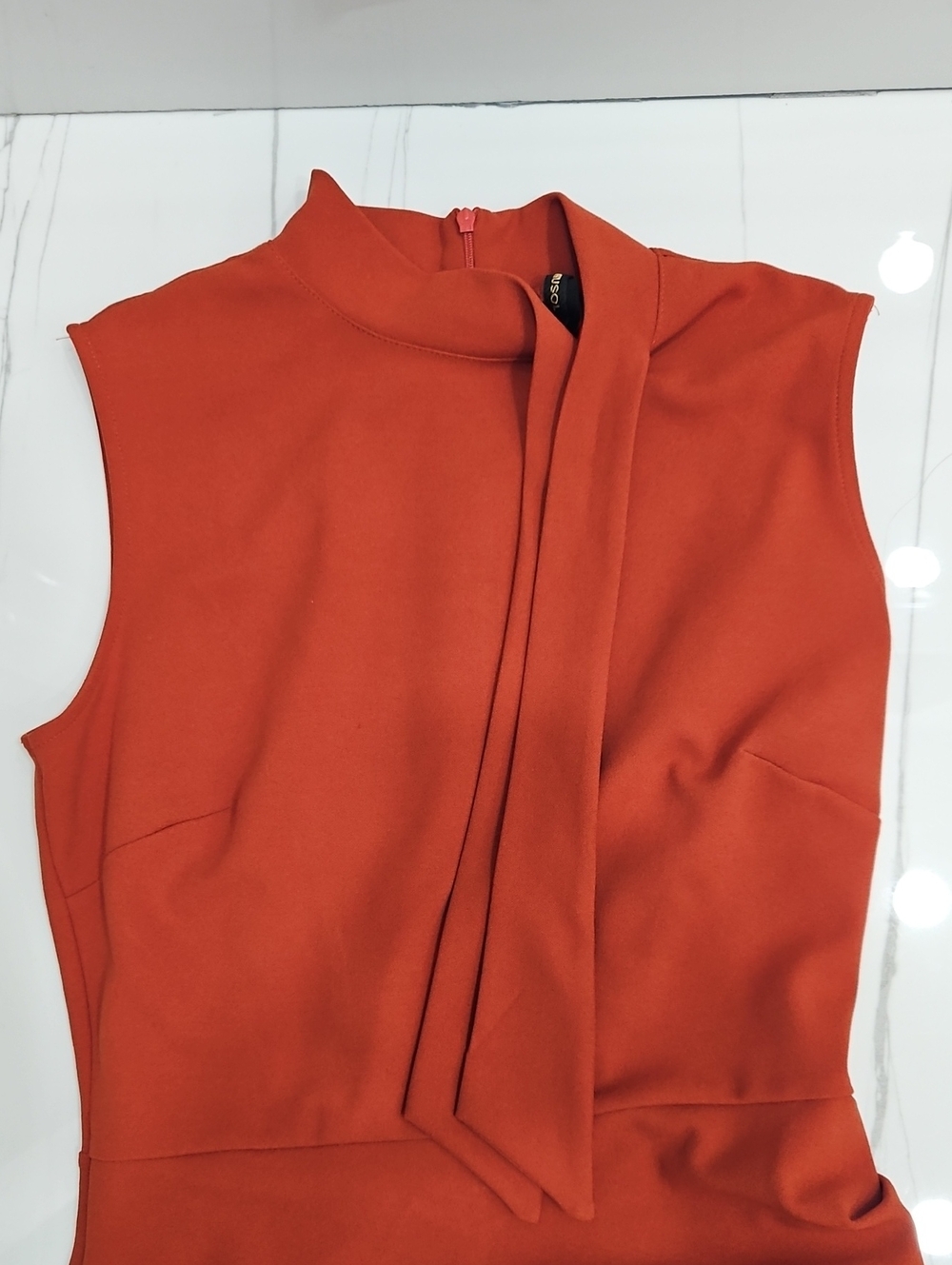 Miusol Sleeveless Tie-Neck Cocktail Pencil Dress in Rust Orange. - Picture 2 of 8